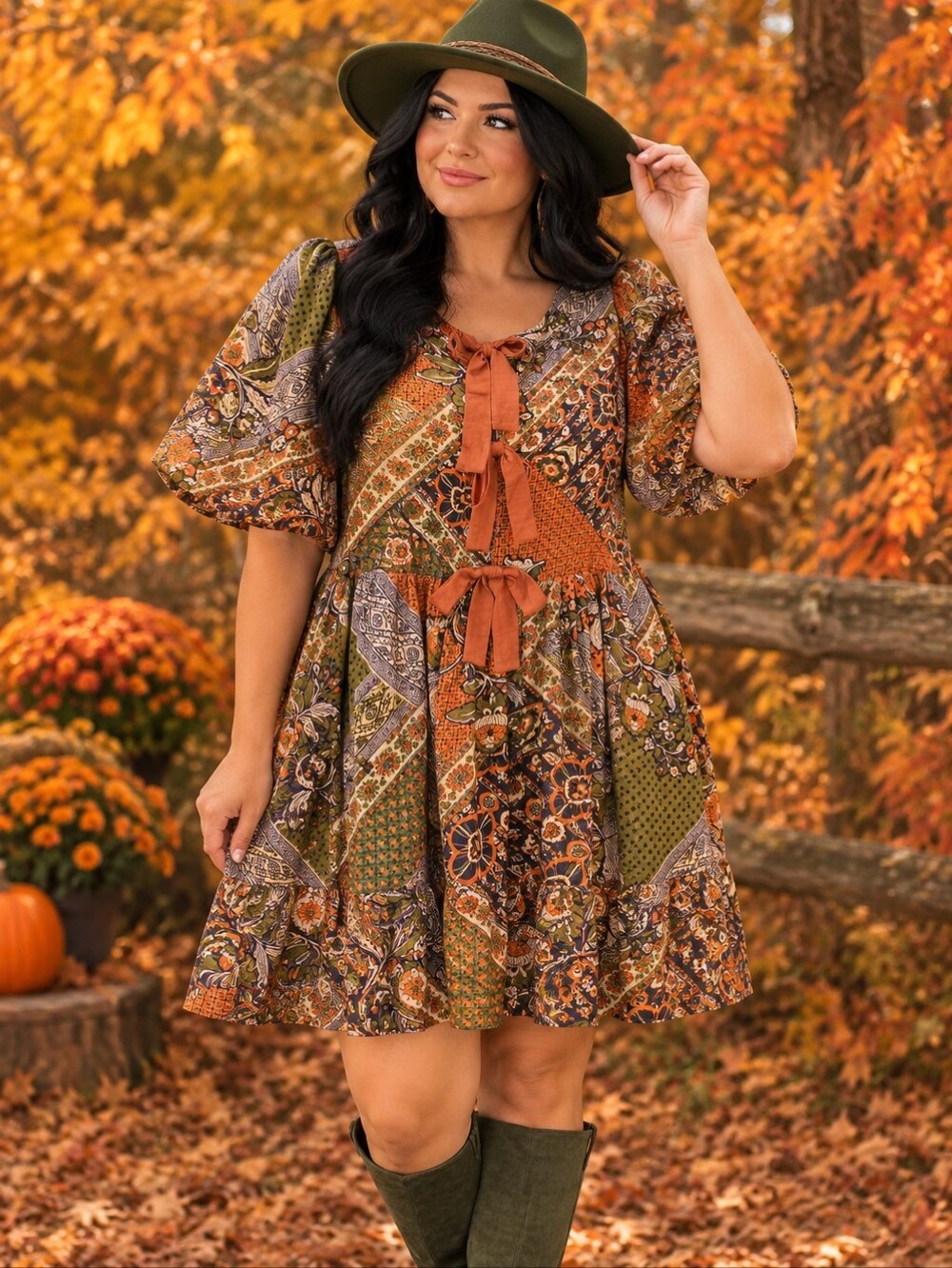 easel Patchwork Tie-Front Mini Dress in Rust and Olive
